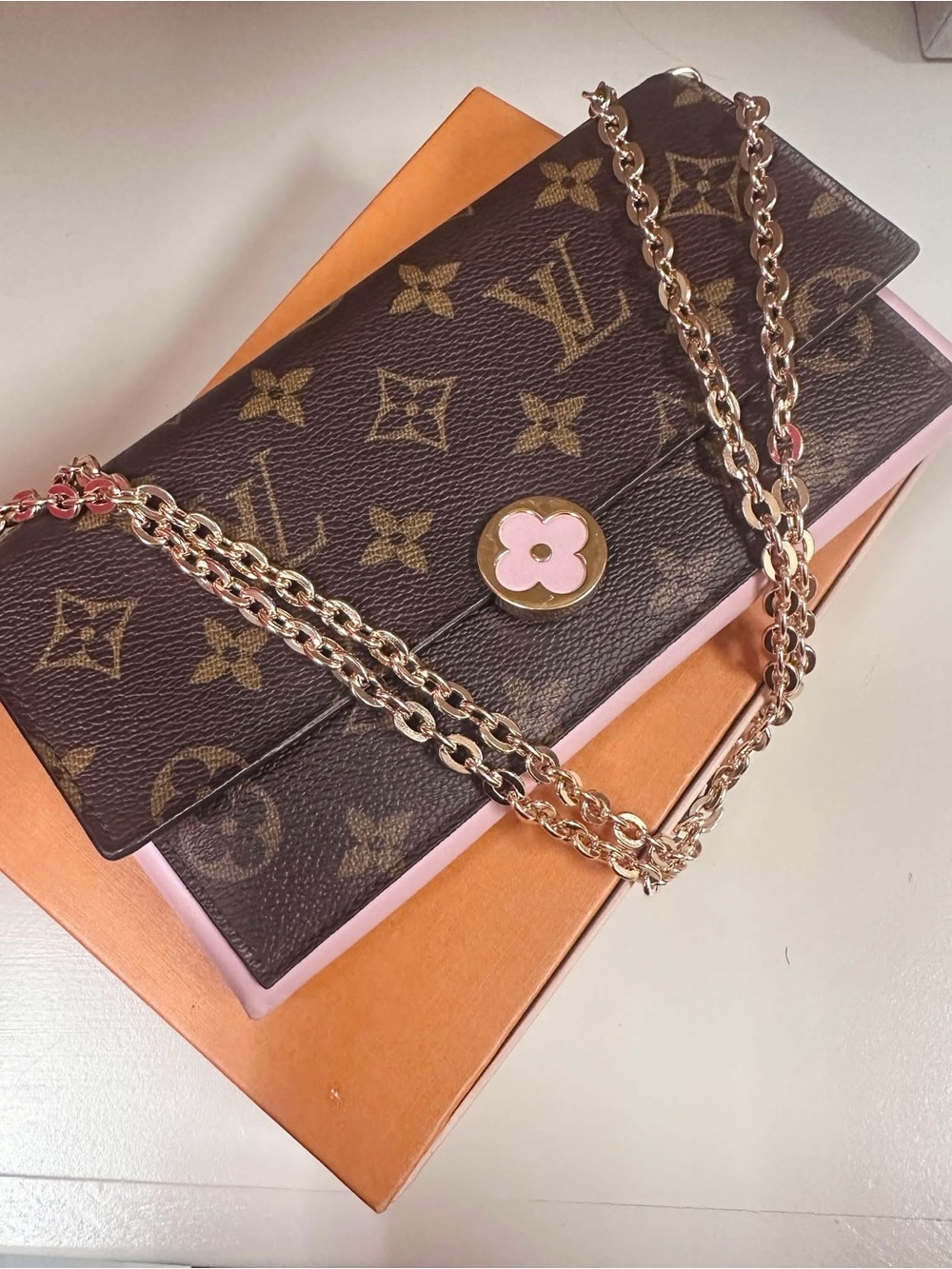 Louis Vuitton Monogram Crossbody Wallet with Pink Flower Clasp
